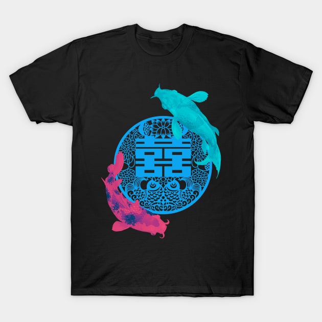 Double Happiness Koi Fish - Yoga Calm Vibe Turquoise and Pink T-Shirt by CRAFTY BITCH